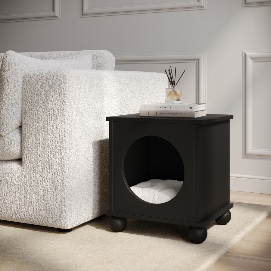 Elevated Black Indoor Pet Home Side Table with Washable Quilted Cushion