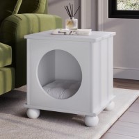 Elevated White Indoor Pet Home Side Table with Washable Quilted Cushion
