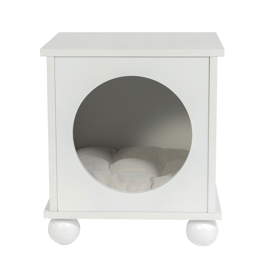 Elevated White Indoor Pet Home Side Table with Washable Quilted Cushion