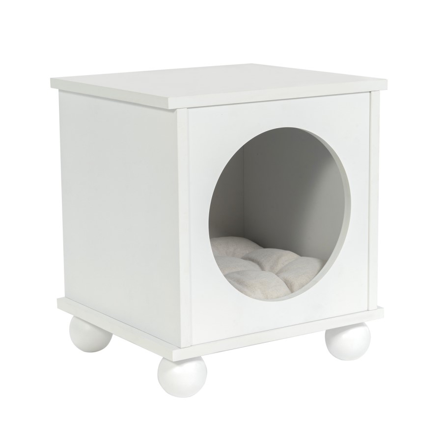 Elevated White Indoor Pet Home Side Table with Washable Quilted Cushion