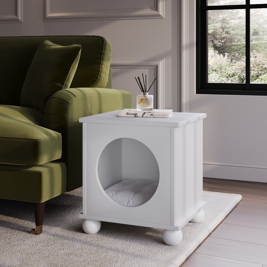 Elevated White Indoor Pet Home Side Table with Washable Quilted Cushion