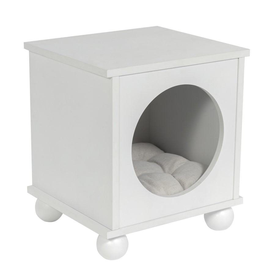 Elevated White Indoor Pet Home Side Table with Washable Quilted Cushion