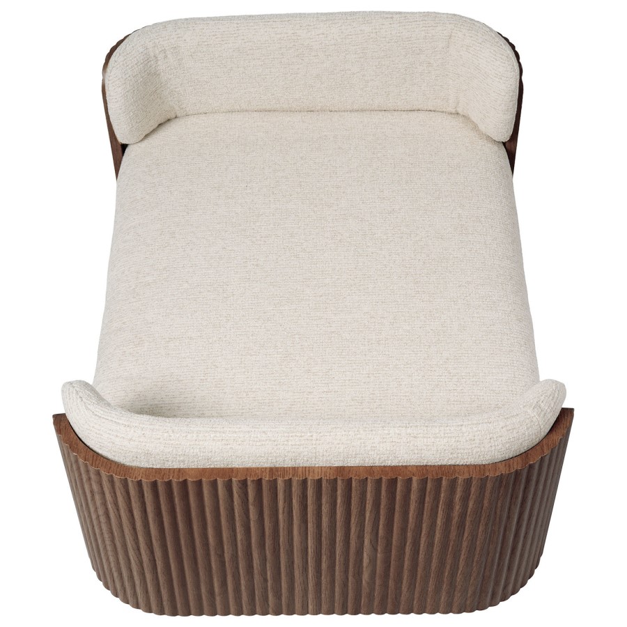 Large Beige Fabric Pet Bed with Walnut Ribbed Sides - Washable Cover