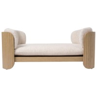 Large Beige Fabric Pet Bed with Oak Ribbed Sides - Washable Cover