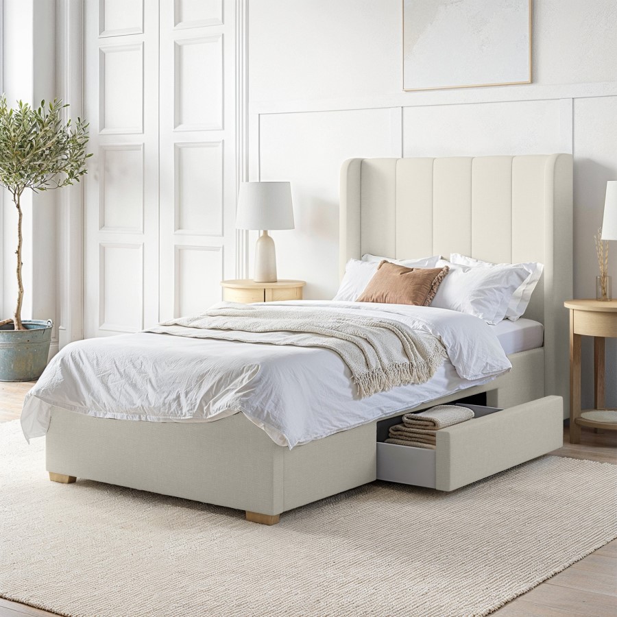 Cream Upholstered Single Bed Frame with Storage Drawer - Phoebe