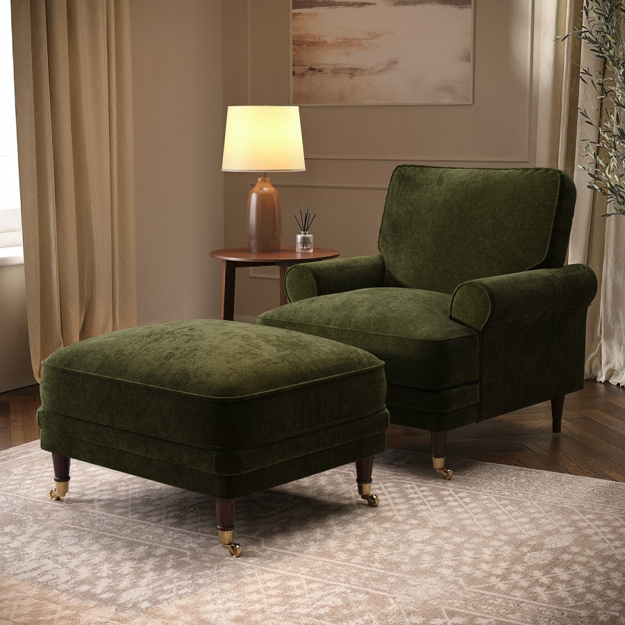 Moss Green Chenille Feather-Filled Footstool - Payton Heritage