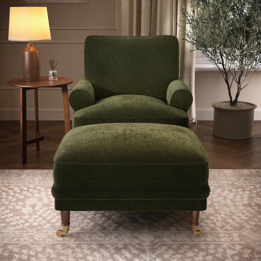 Moss Green Chenille Feather-Filled Footstool - Payton Heritage