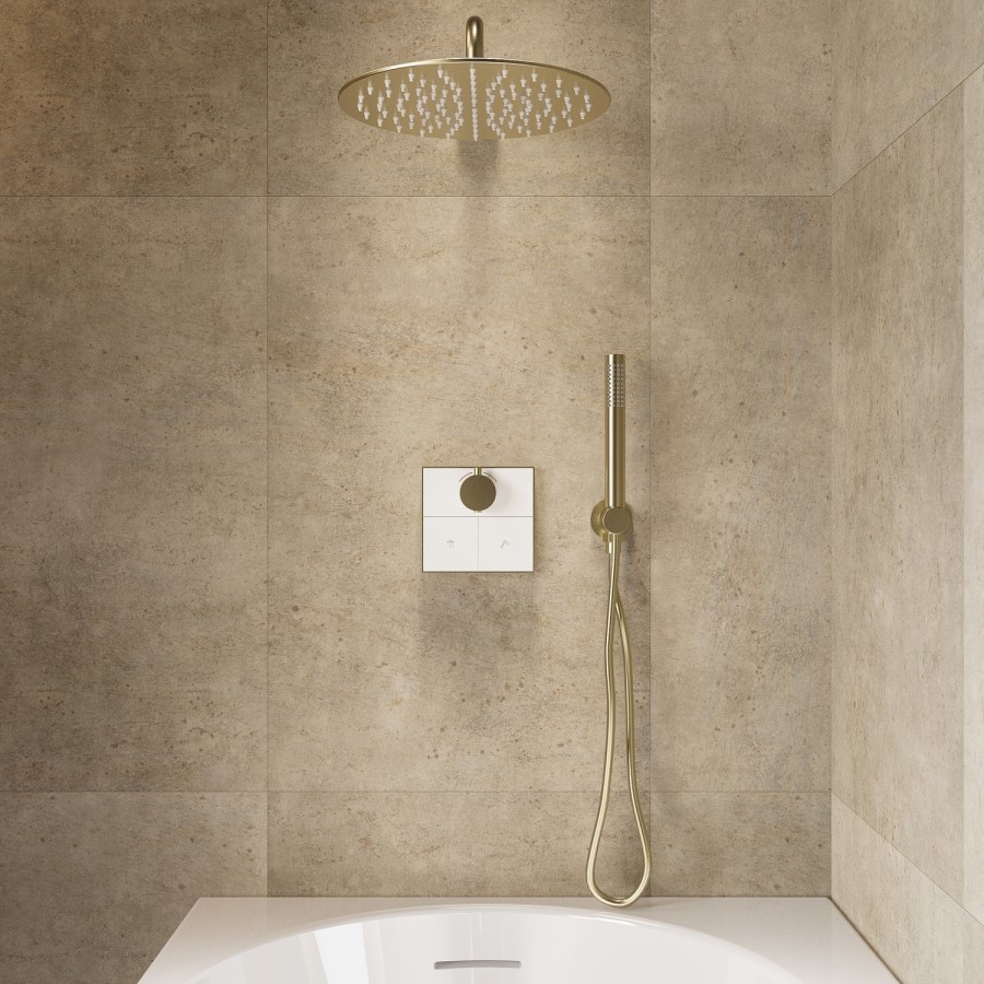 Brushed Brass Push Button 2 Outlet Concealed Mixer Shower Valve With Glass Front - Priya