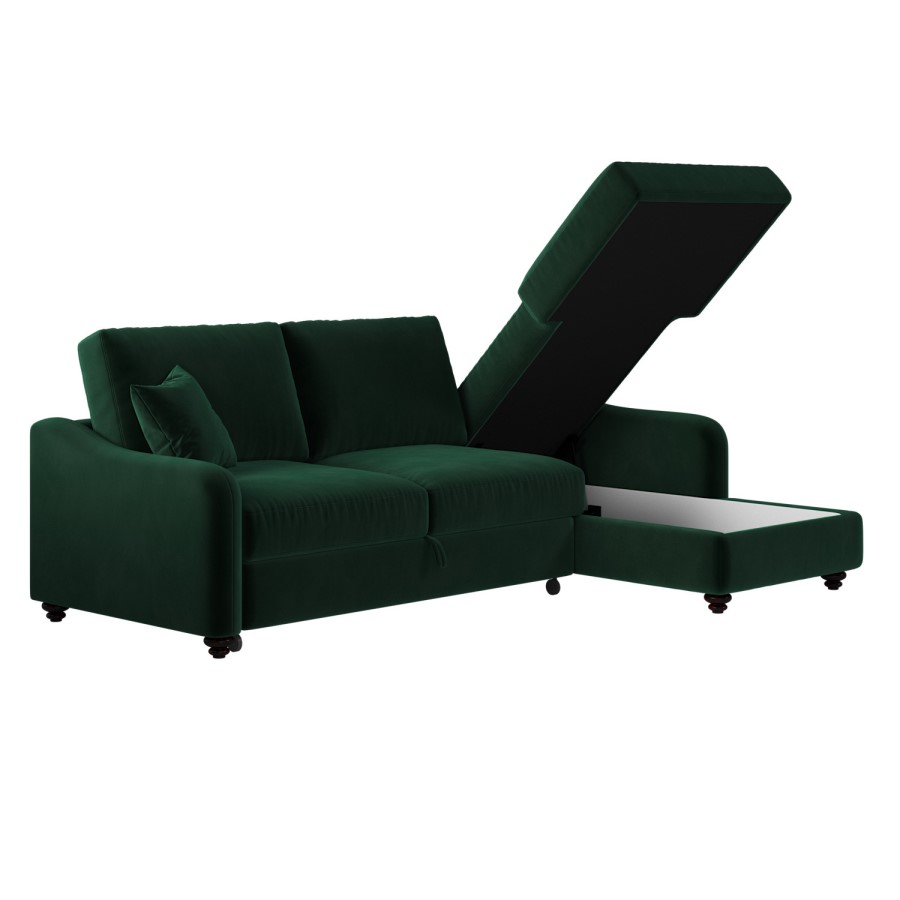 4 Seater Pull-Out Chaise Corner Sofa Bed with Storage in Dark Green Velvet - Quinn