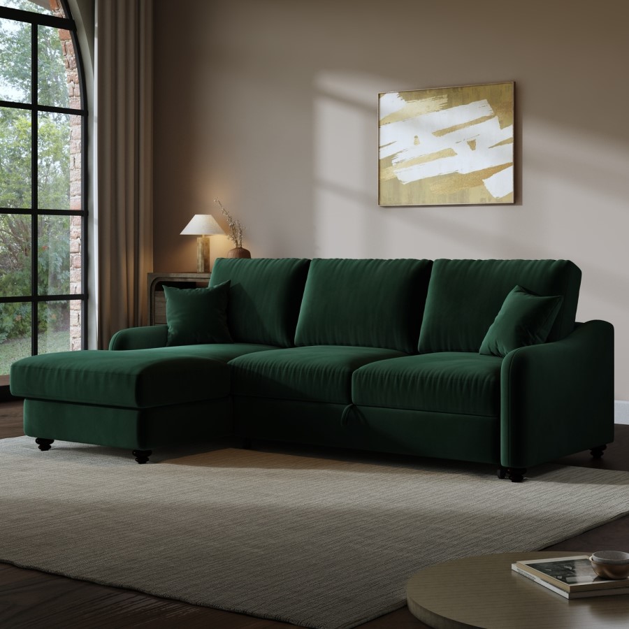 4 Seater Pull-Out Chaise Corner Sofa Bed with Storage in Dark Green Velvet - Quinn