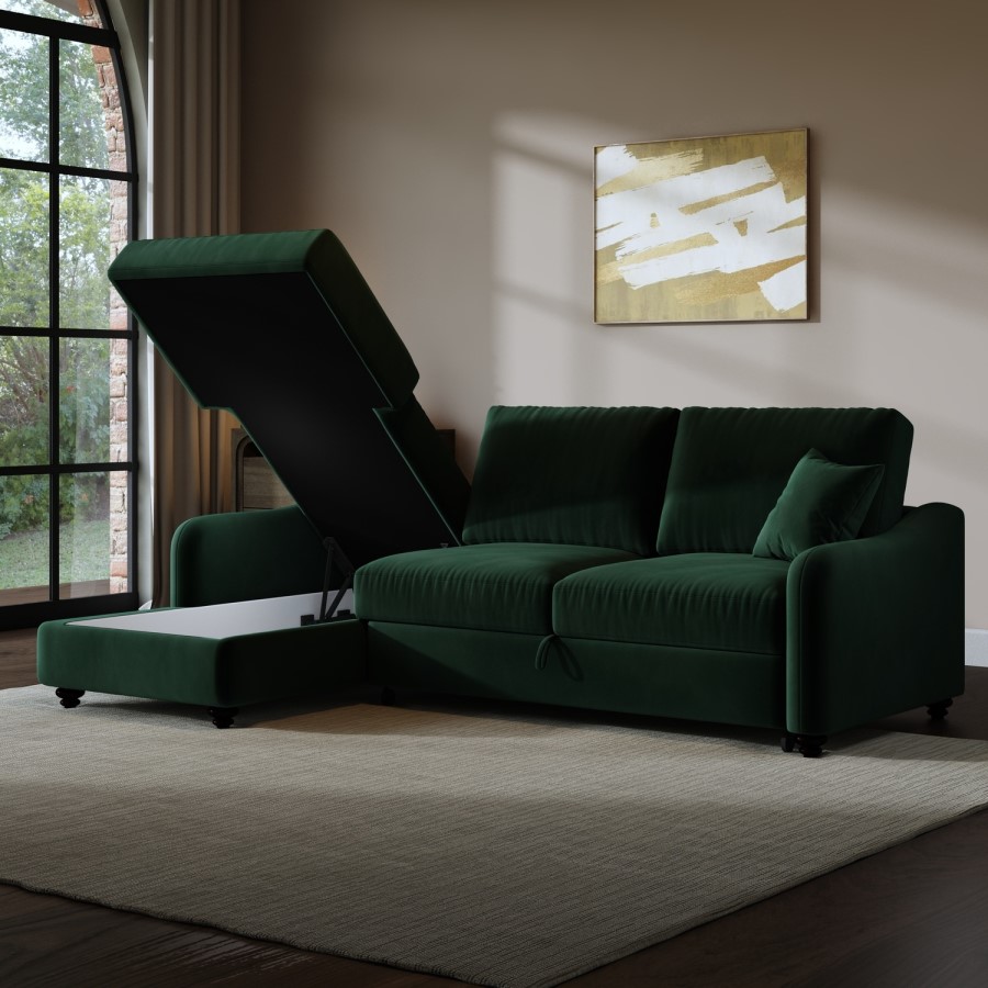 4 Seater Pull-Out Chaise Corner Sofa Bed with Storage in Dark Green Velvet - Quinn