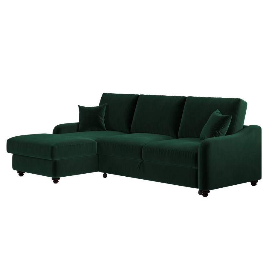 4 Seater Pull-Out Chaise Corner Sofa Bed with Storage in Dark Green Velvet - Quinn
