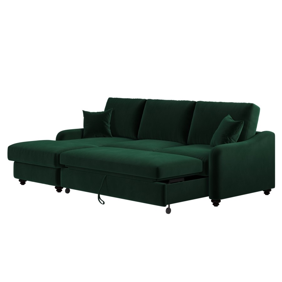4 Seater Pull-Out Chaise Corner Sofa Bed with Storage in Dark Green Velvet - Quinn