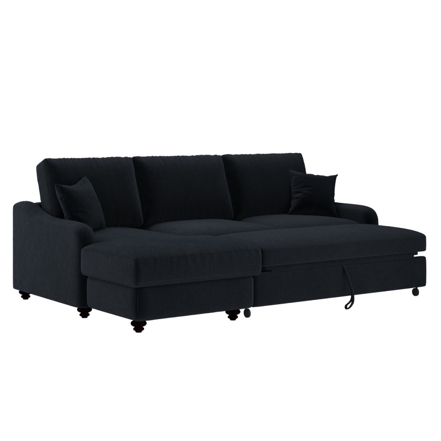 4 Seater Pull-Out Chaise Corner Sofa Bed with Storage in Navy Chenille - Quinn