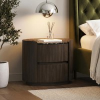 Walnut and Marble-Effect 2 Drawer Bedside Table - Raffaele