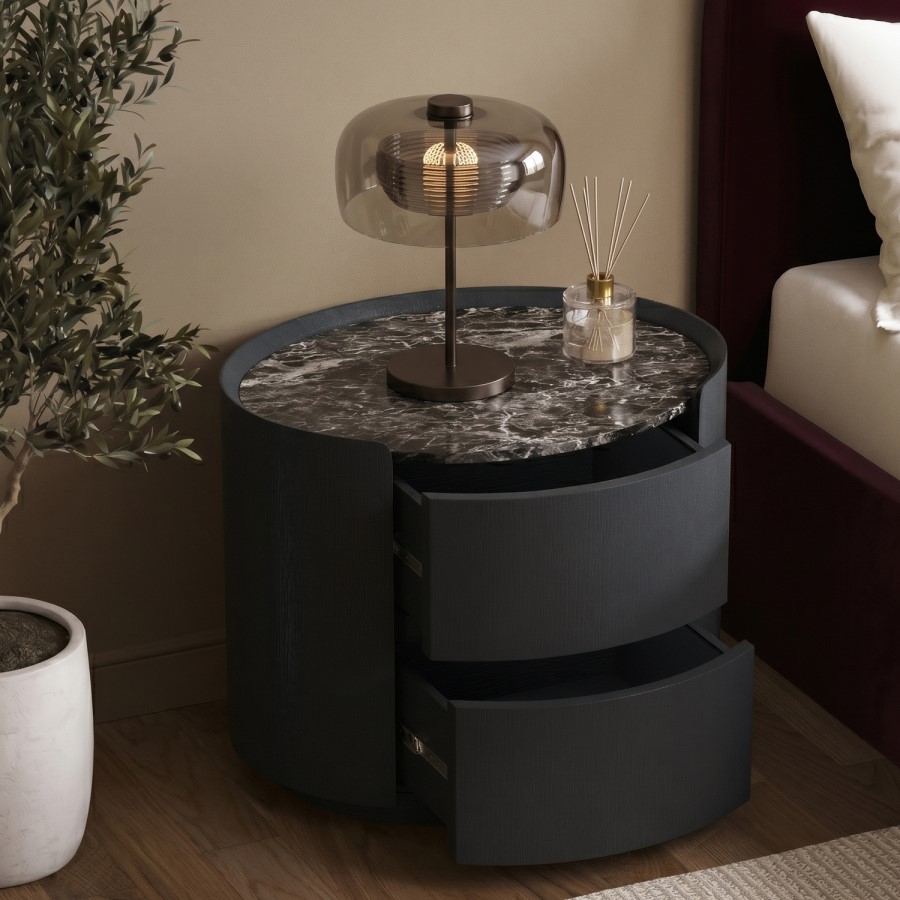 Black and Marble-Effect 2 Drawer Bedside Table - Raffaele