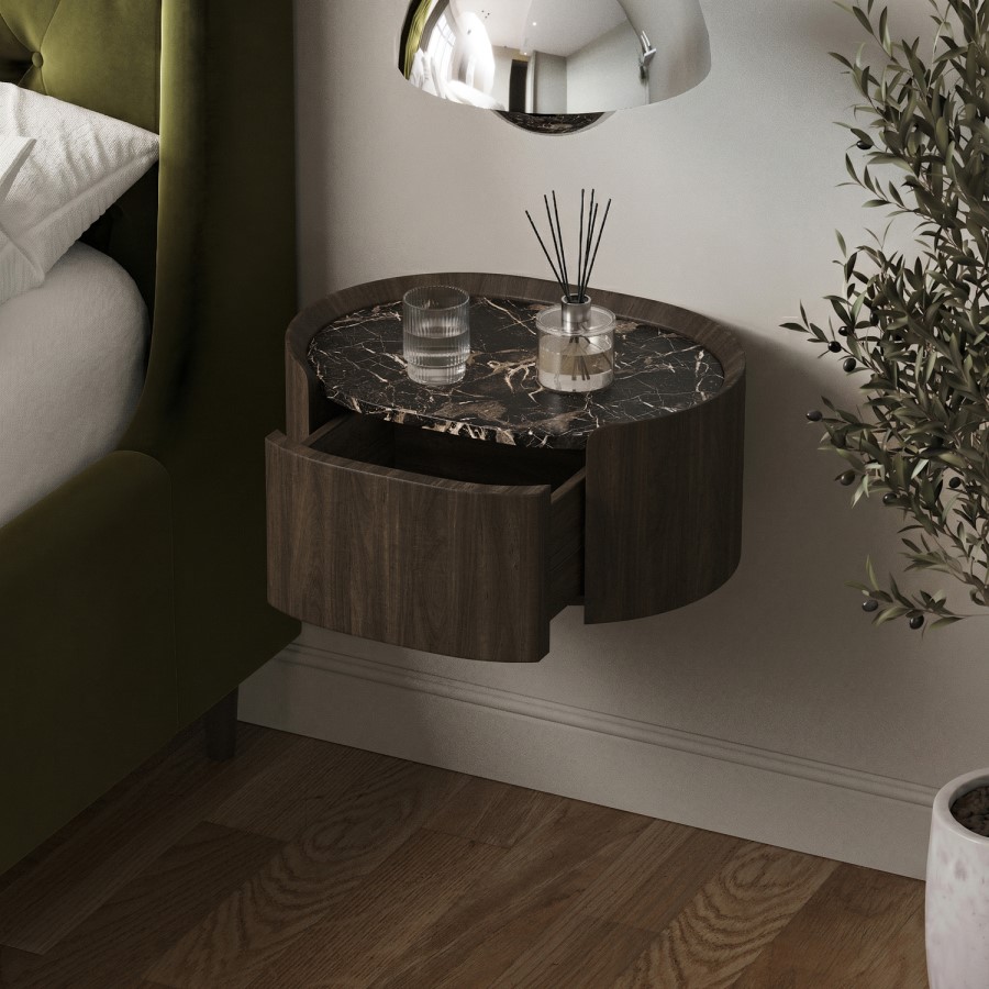 Walnut and Marble-Effect 1 Drawer Floating Bedside Table - Raffaele