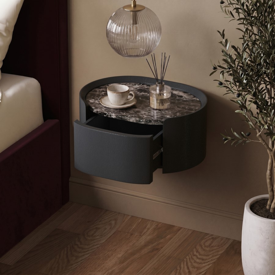 Black and Marble-Effect 1 Drawer Floating Bedside Table - Raffaele