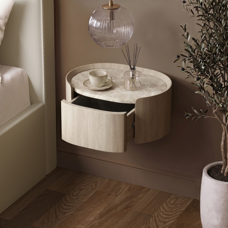 Light Wood and Marble-Effect 1 Drawer Floating Bedside Table - Raffaele