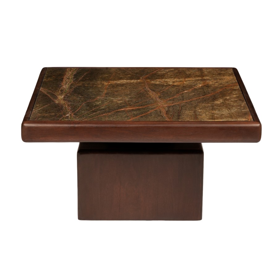 Large Mango Wood and Green Marble Square Coffee Table - Rana