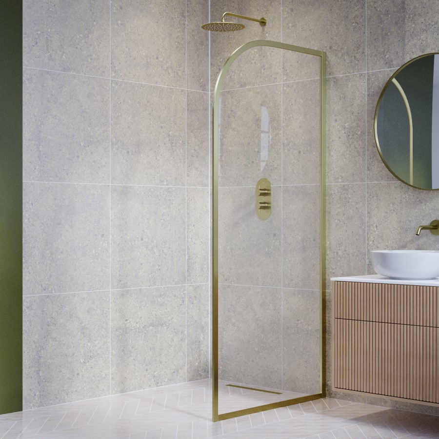 1000mm Brushed Brass Curved Glass Shower Screen for Wet Room & Walk In Shower - Raya