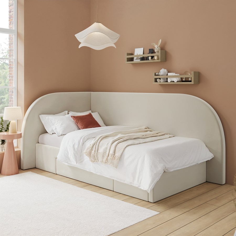 Cream Single Velvet Bed Frame with Storage Drawer and Curved Headboard - Reagan