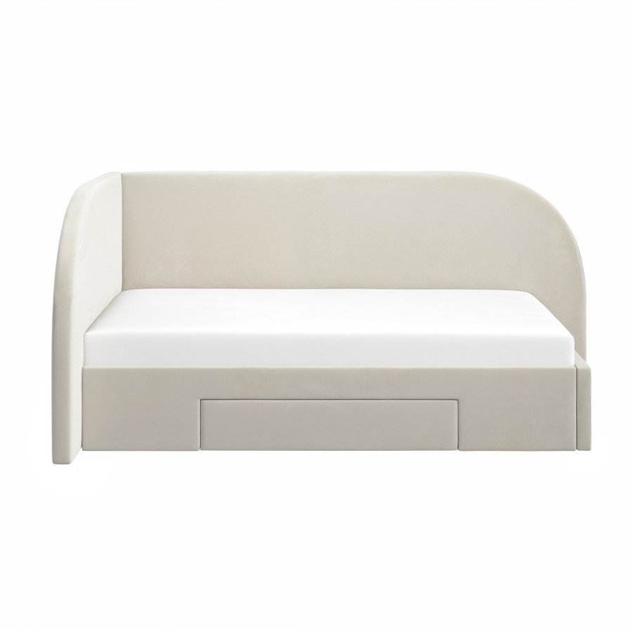 Cream Single Velvet Bed Frame with Storage Drawer and Curved Headboard - Reagan