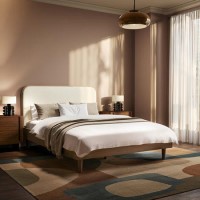 Walnut Double Wooden Bed Frame With Upholstered Curved Headboard - Reece