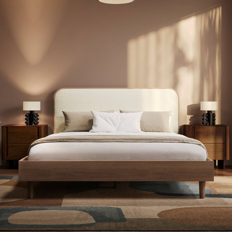 Walnut King Size Wooden Bed Frame With Upholstered Curved Headboard - Reece