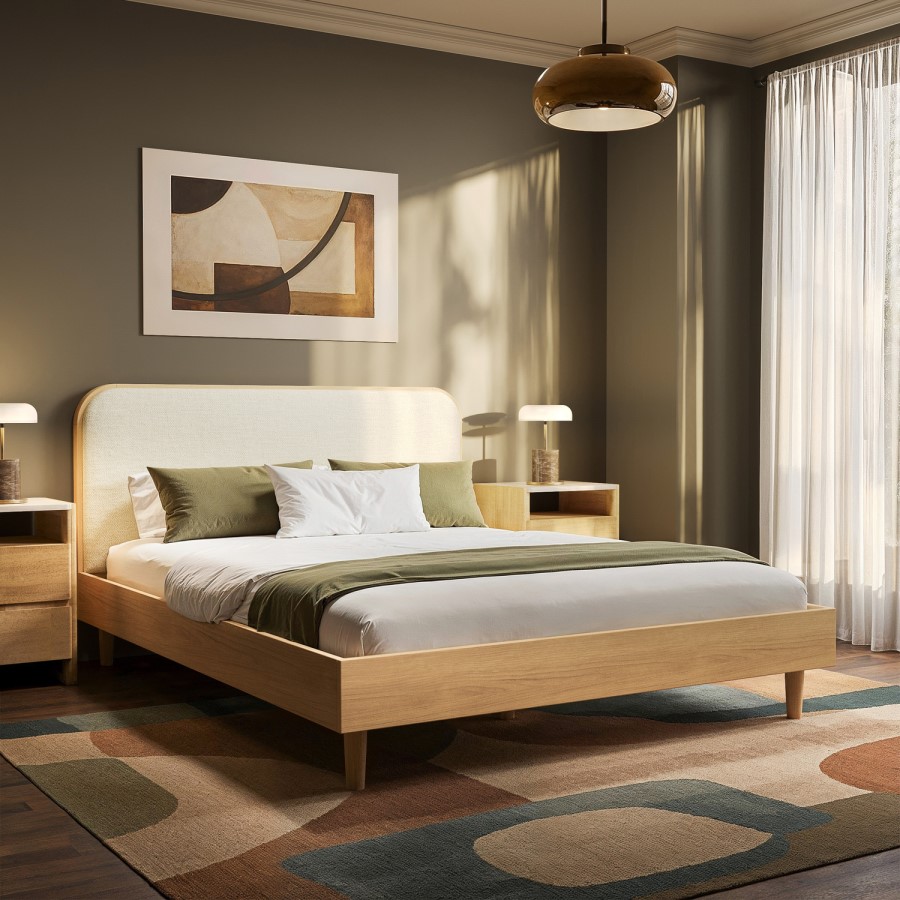 Oak King Size Wooden Bed Frame With Upholstered Curved Headboard - Reece
