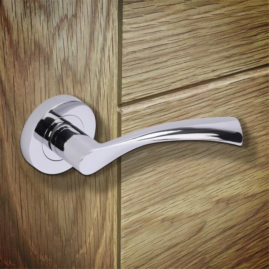 Internal Silver Polished Chrome Lever Fire Door Handle with Latch and Hinges Pack - 65mm Latch - Rhine - XL Joinery