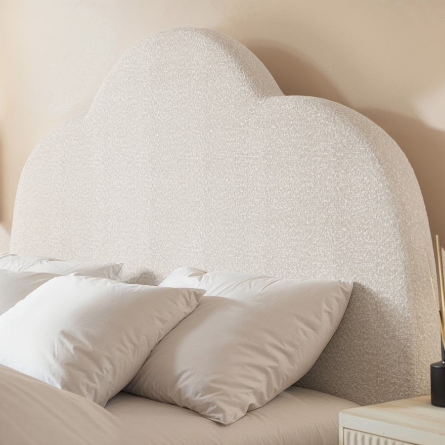 Cream Boucle Double Ottoman Bed with Legs and Scalloped Headboard - Roma