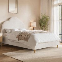 Cream Boucle Small Double Ottoman Bed with Scalloped Headboard - Roma
