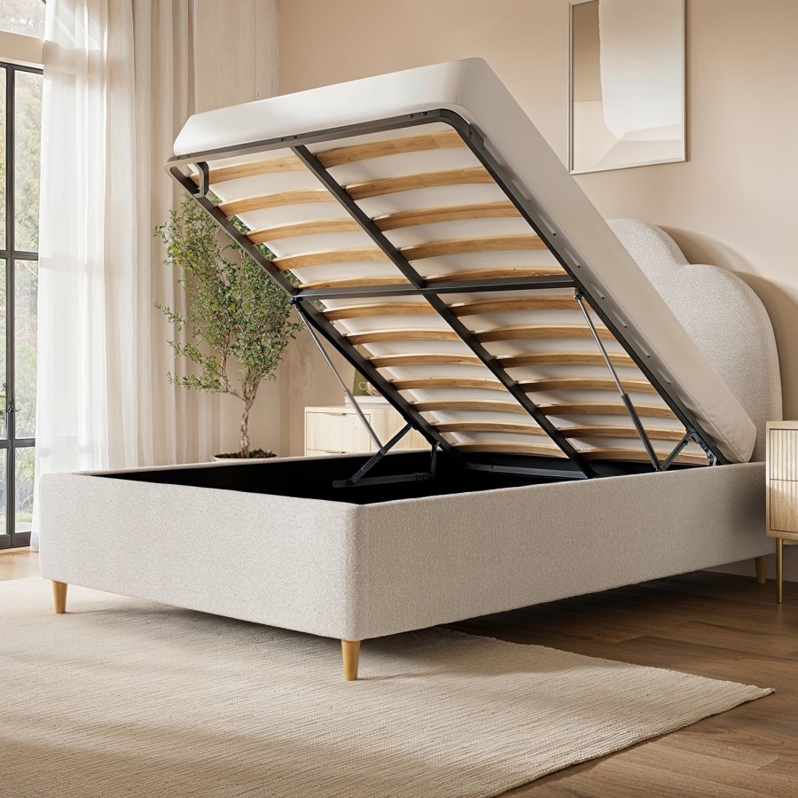 Cream Boucle Small Double Ottoman Bed with Scalloped Headboard - Roma
