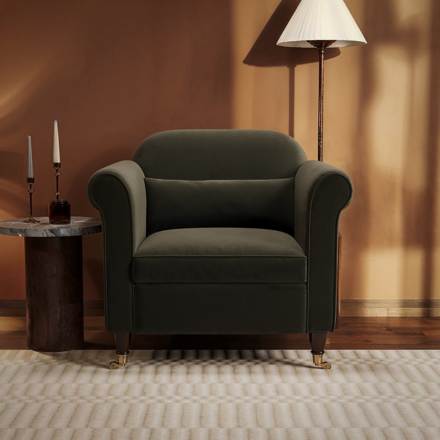 Khaki Green Velvet Traditional Armchair - Ramona