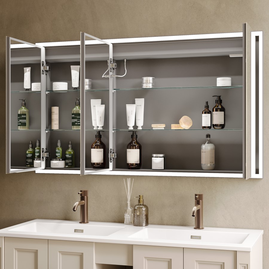 Triple Door Recessed Bathroom Mirror Cabinet with Lights Demister & Socket 1200 x 700mm - Rona