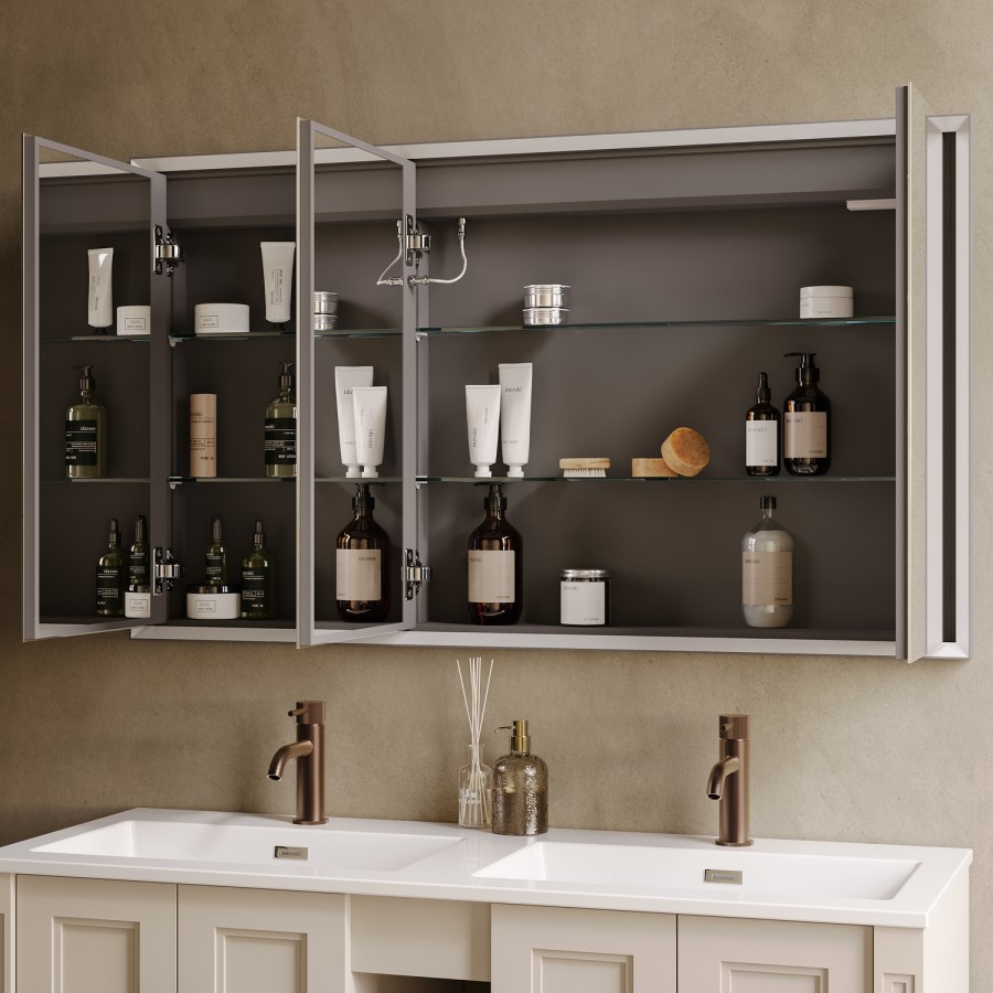 Triple Door Recessed Bathroom Mirror Cabinet with Lights Demister & Socket 1200 x 700mm - Rona