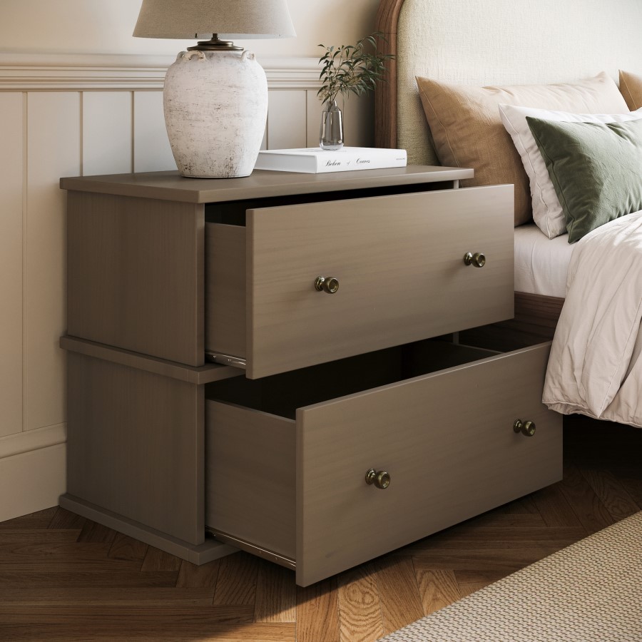 Wide Dark Wood 2 Drawer Bedside Table - Ralph