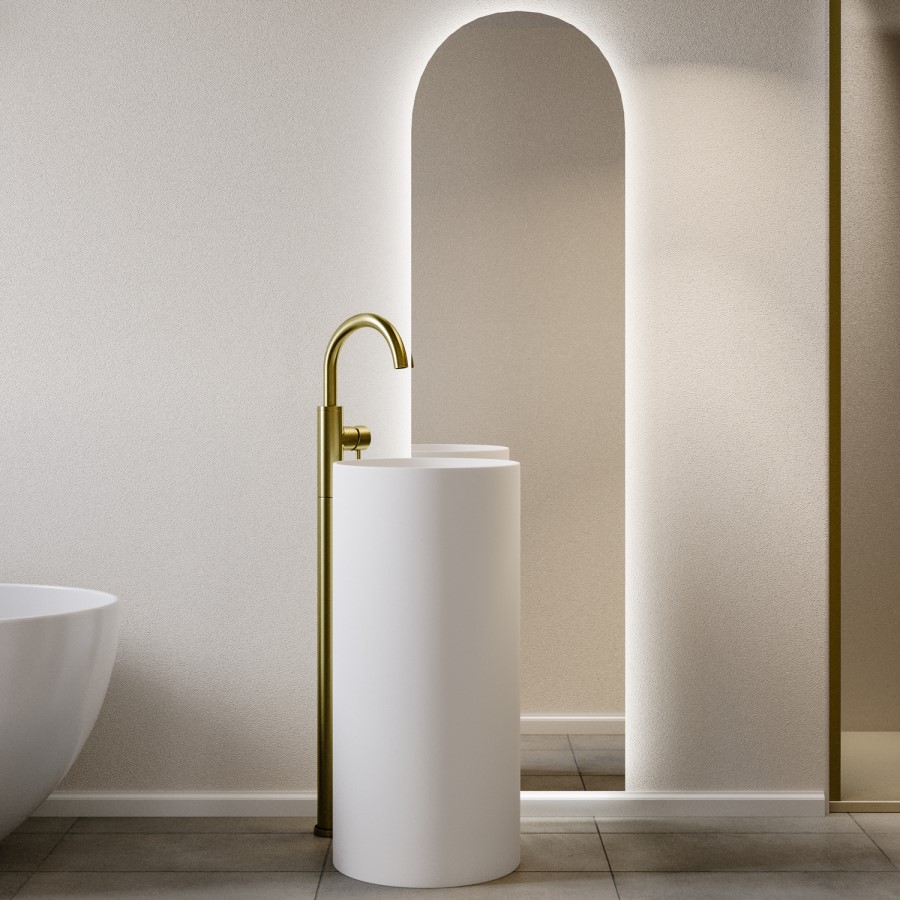 400mm Matt White Round Stone Resin Freestanding Cylinder Pedestal Basin with Waste - Ruby