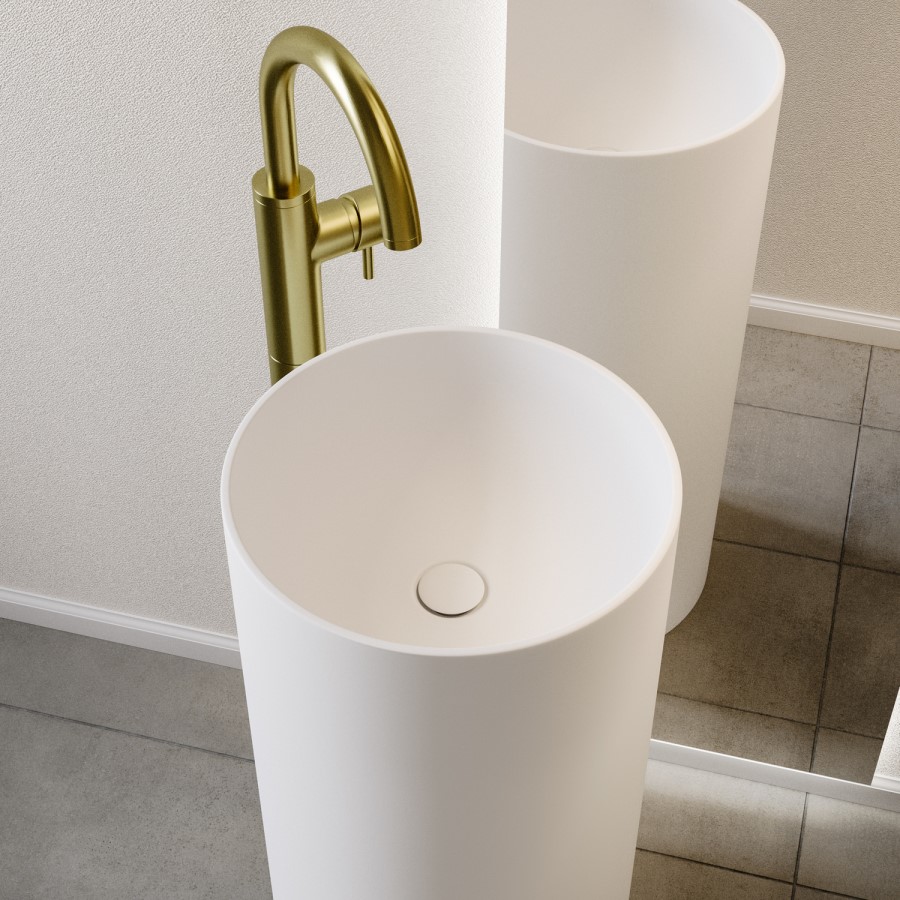 400mm Matt White Round Stone Resin Freestanding Cylinder Pedestal Basin with Waste - Ruby