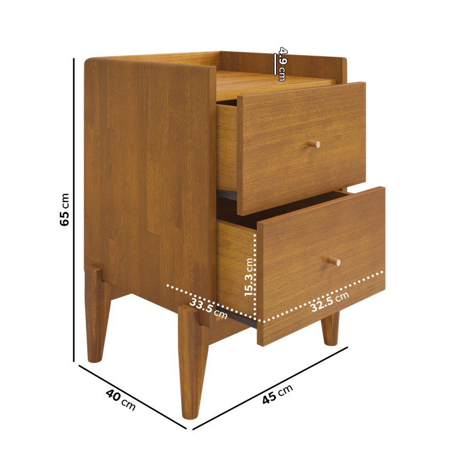Wooden Mid-Century Tall 2-Drawer Bedside Table - Rumi
