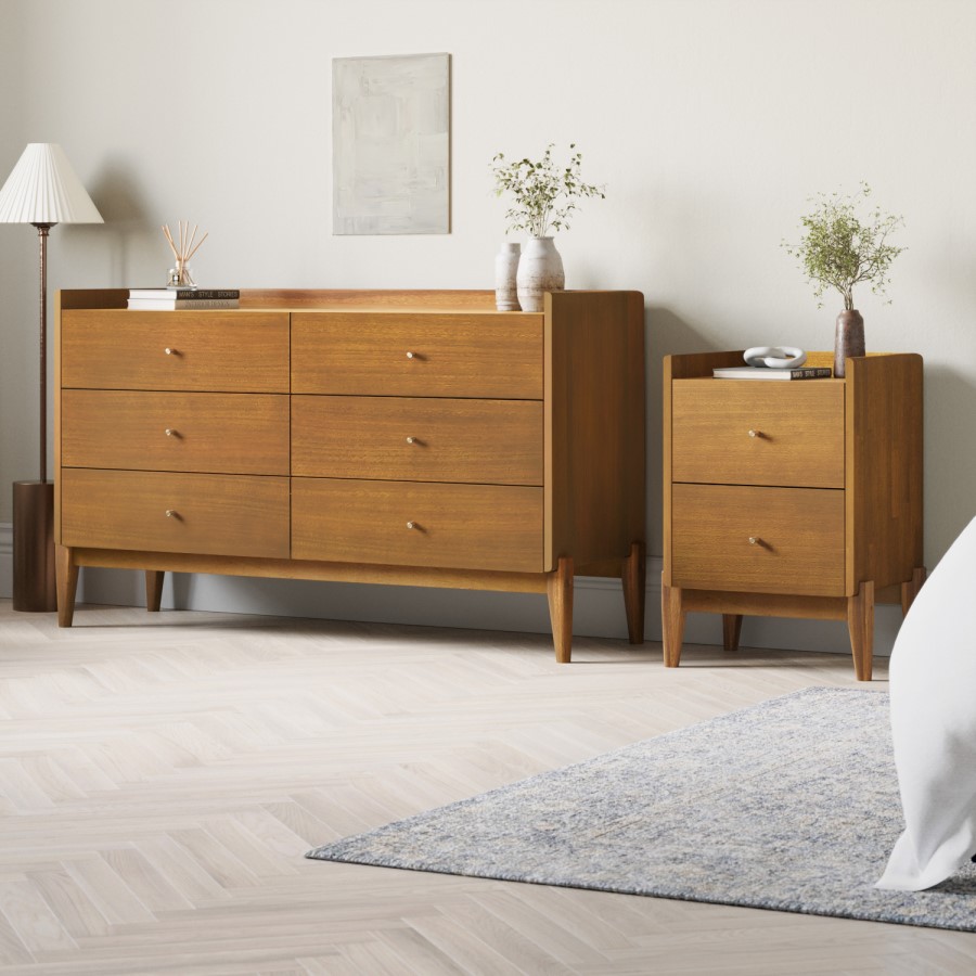 Wooden Mid-Century Tall 2-Drawer Bedside Table - Rumi