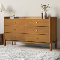 Wide Wooden Mid-Century 6 Drawer Chest of Drawers - Rumi