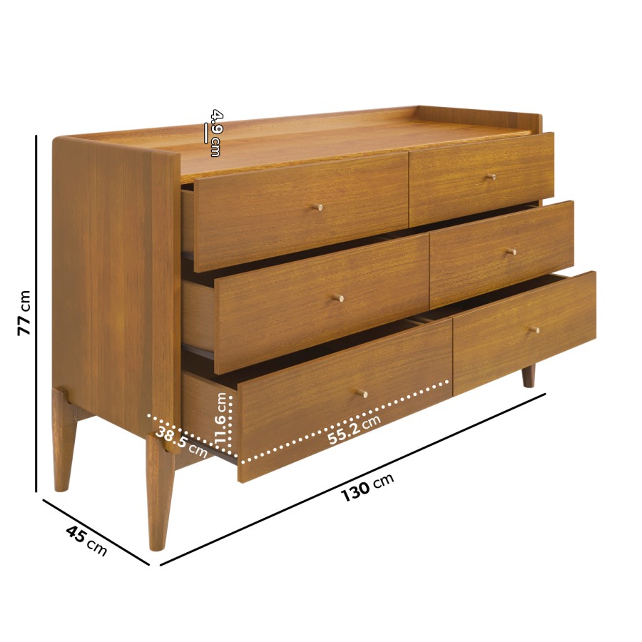 Wide Wooden Mid-Century 6 Drawer Chest of Drawers - Rumi