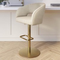 Curved Beige Upholstered Adjustable Swivel Bar Stool with Gold Base - Runa