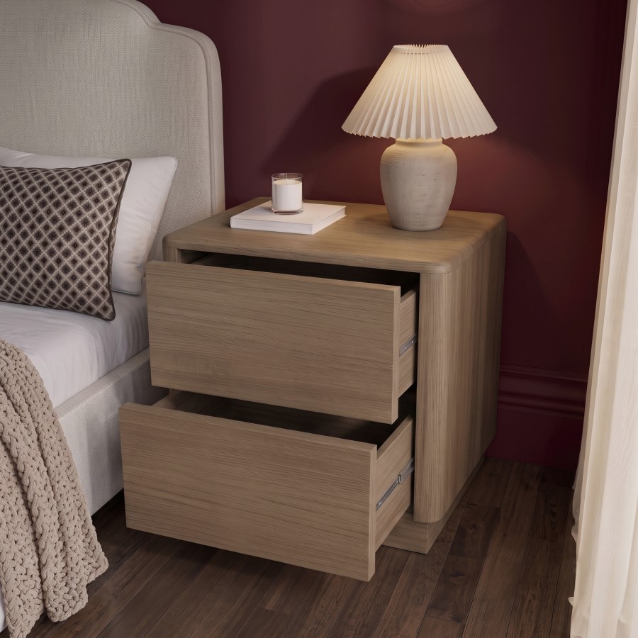 Modern Oak 2 Drawer Bedside Table - Rowan