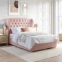 Pink Velvet Double Ottoman Bed with Winged Chesterfield Headboard - Safina