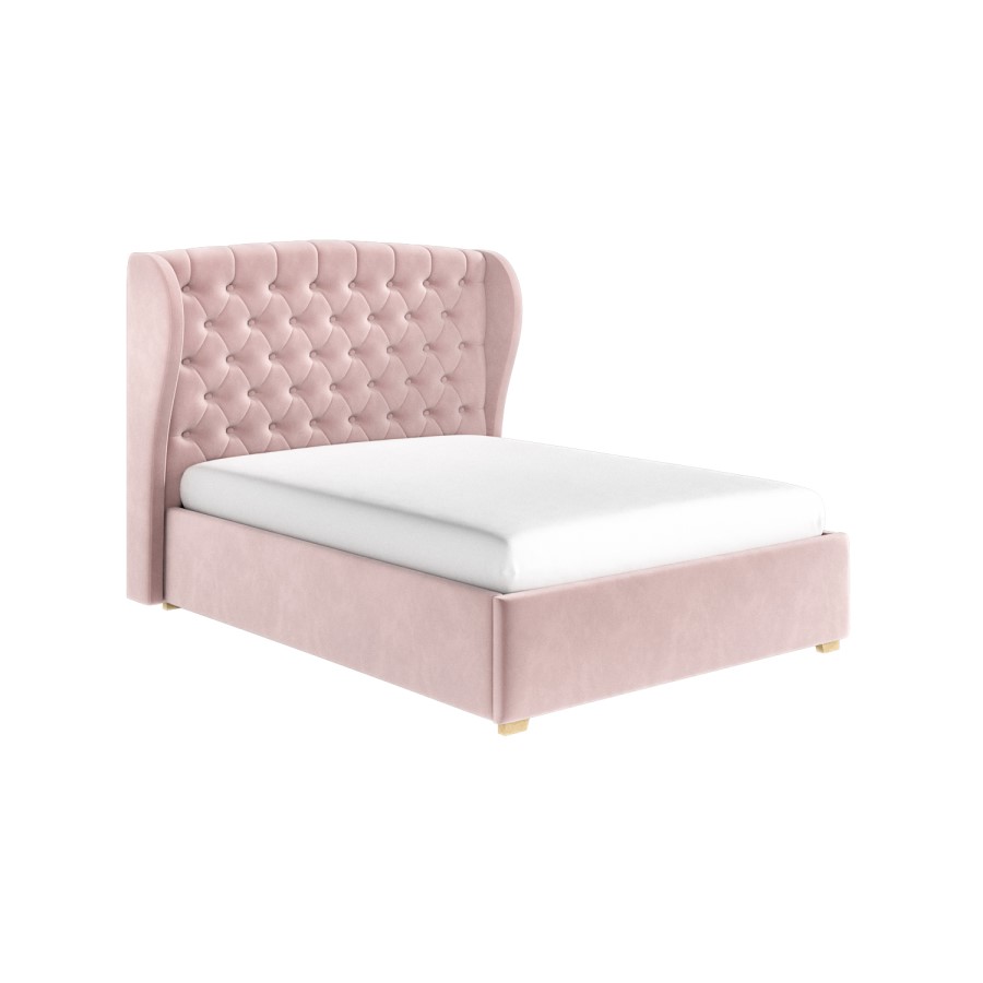 Pink Velvet Double Ottoman Bed with Winged Chesterfield Headboard - Safina