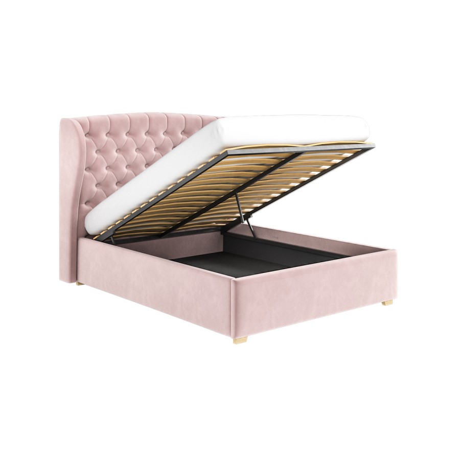 Pink Velvet Double Ottoman Bed with Winged Chesterfield Headboard - Safina