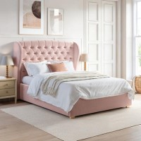 Pink Velvet King Size Ottoman Bed with Winged Chesterfield Headboard - Safina
